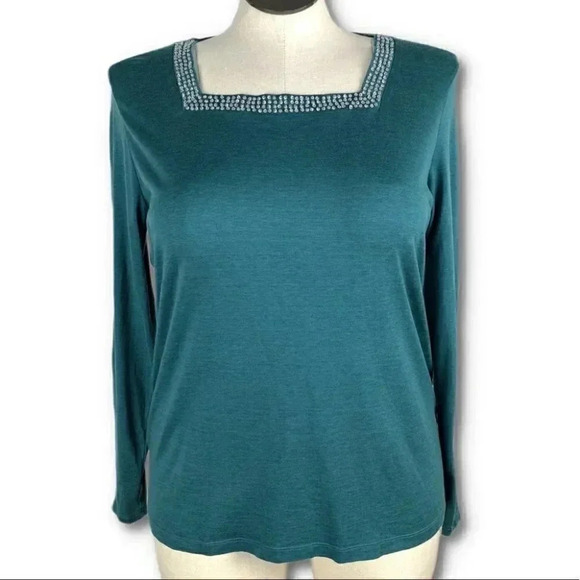 Winters silk Womens top size XL teal 60% silk sequins square neck - Picture 1 of 8